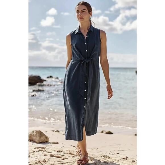 NWT J Jill Love Linen Navy Blue Shirt Dress Button Front Tie Pockets Midi XL - Picture 2 of 13